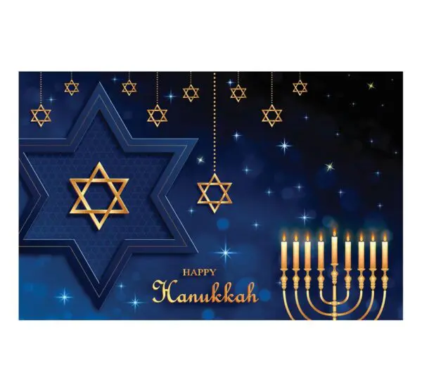 A blue and gold hanukkah card with stars hanging from the sky.