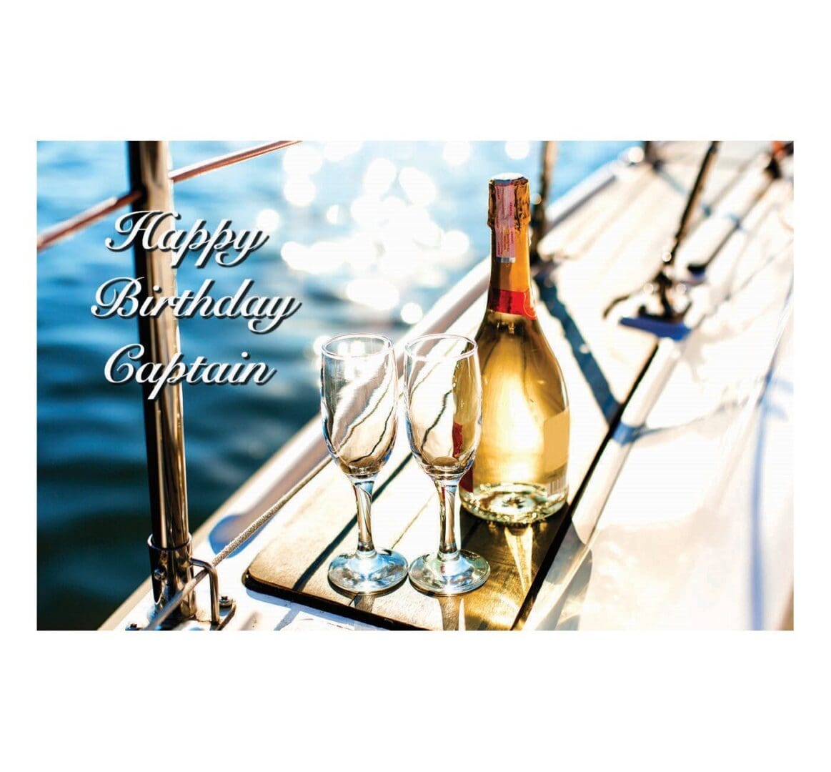 A bottle of wine and two glasses on the deck of a boat.