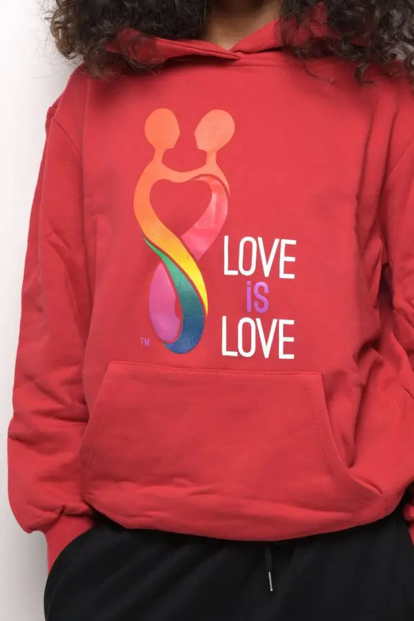 A red hoodie with the words love is love written on it.