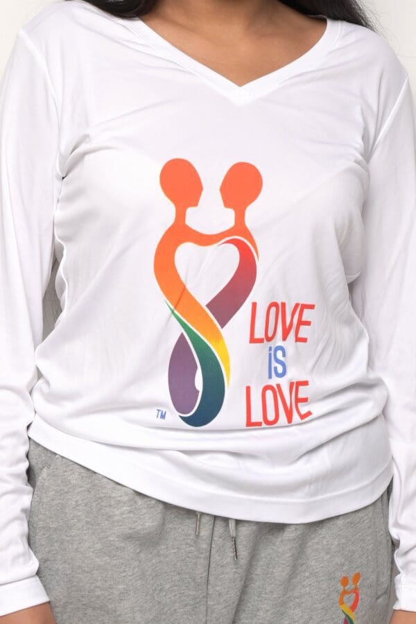 A white shirt that has a rainbow heart and the words " love is love ".