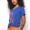 A woman wearing an orange and blue outfit